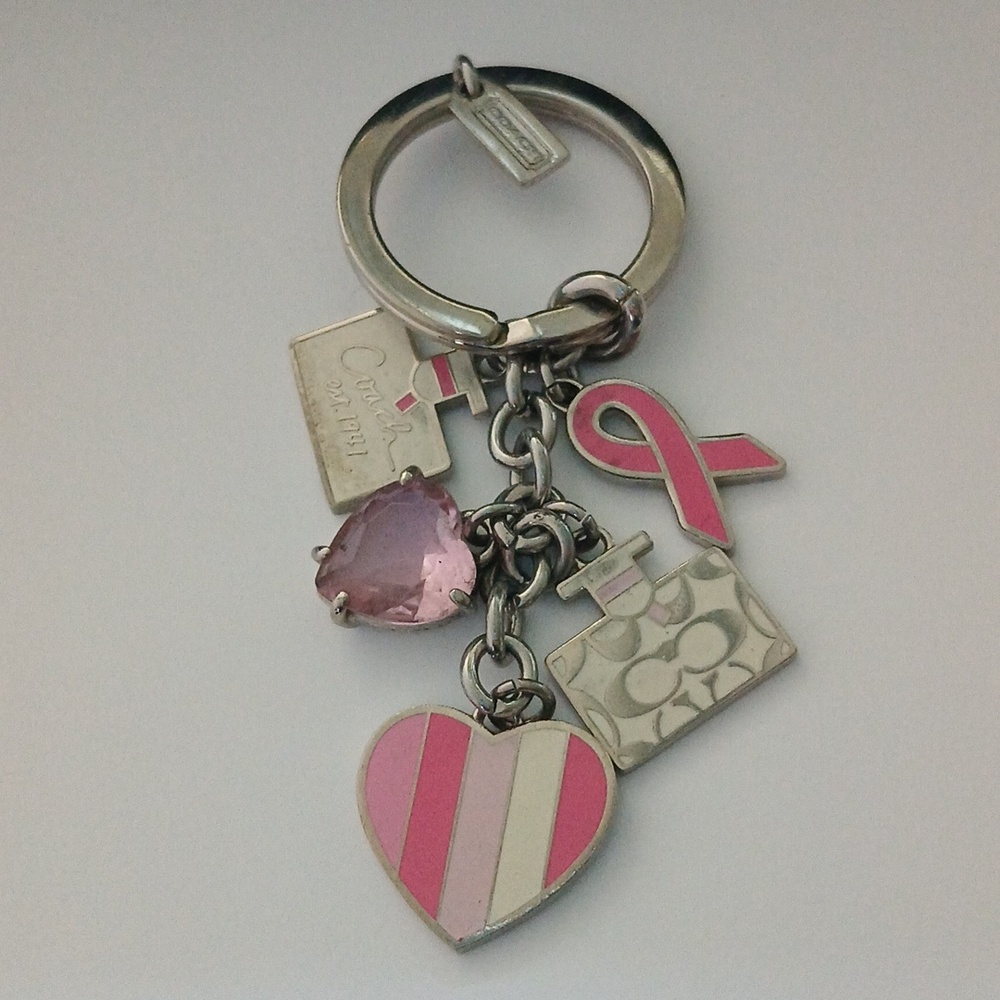 COACH Keychain Pink Cancer Ribbon, Pink Swarovski Heart, and Nurses Cure Bottle